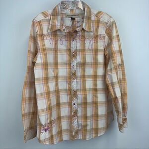Bit & Bridle Western Embroidered Orange/Pink Plaid Pearl Snap Long Sleeve Sz. M